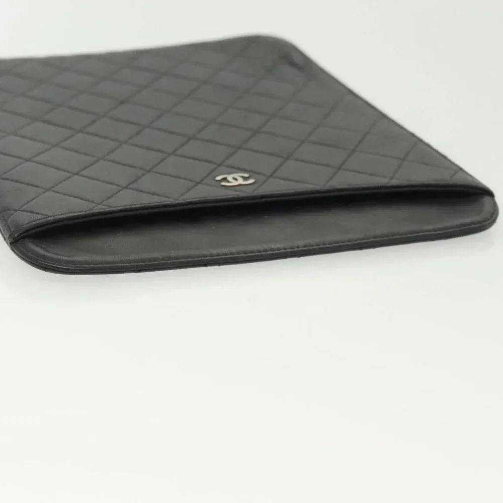 CHANEL Matelasse iPad Case Lamb Skin Black Silver CC Auth 141696